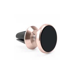 A rotatable clip-on car phone holder in rose gold and black, featuring a sleek design and a logo on the base.