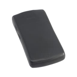 A black mobile phone-shaped stress reliever with a smooth surface and rounded edges, featuring a logo.
