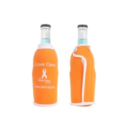 A drink bottle cooler in bright orange featuring a logo and a white accent, designed to fit standard beverage bottles.