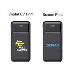 A black 10000mAh power bank featuring different printing styles and a digital display for battery percentage.