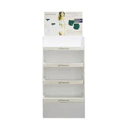 A white cardboard floor display with four shelves, featuring a branding logo at the top and empty space for products.