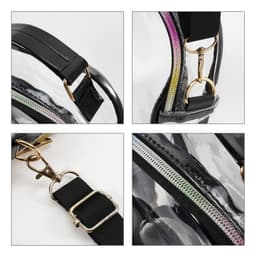 A clear PVC waterproof crossbody bag with black straps and gold hardware, featuring zippers and attachments.