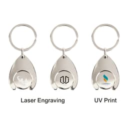 A silver teardrop keyring with a coin holder, featuring three different designs and a logo on each.