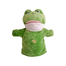 A green frog hand puppet with a soft texture and an attached logo on its chest.