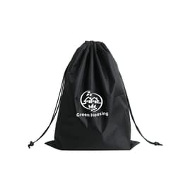 A black laundry bag featuring a drawstring closure and a logo on the front.