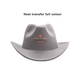 A grey felt cowboy hat with a wide brim and a logo on the front.