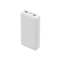 A white power bank with two USB ports and a USB-C port, designed for charging devices.