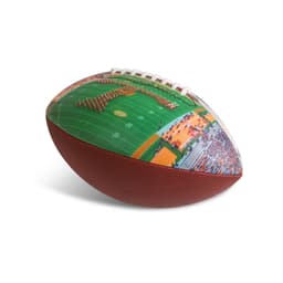 A promotional American football with a textured brown surface and vibrant printed graphics of a sports field.