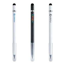 Three 3-in-1 eternal pencils in black and white, featuring a logo on one pencil and a clear sheath at the bottom.