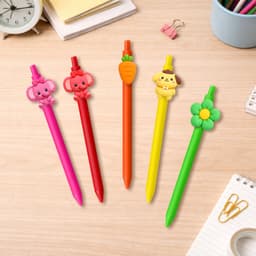 A set of five custom PVC pens in pink, red, orange, yellow, and green, each with unique character tops, on a wooden table.