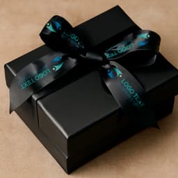 A black gift box wrapped in satin polyester ribbon featuring a blue logo and text.
