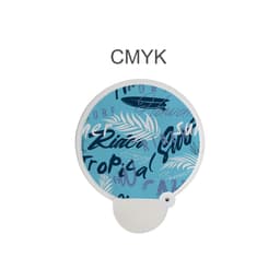 A foldable reflective fan featuring a blue design with tropical patterns and a white handle. It has a branding logo.