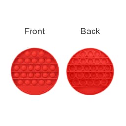 A red circular fidget toy featuring push-pop bubbles on both the front and back sides.