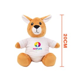 A 20cm plush kangaroo with a white T-shirt featuring a logo. The toy is in shades of light brown and cream.