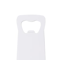 A drink bottle opener in white, featuring a logo, designed for easy use. Ideal for keyrings and tools.