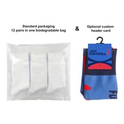 Knee high football socks in a blue and navy pattern, packaged in a biodegradable bag with a custom header card.