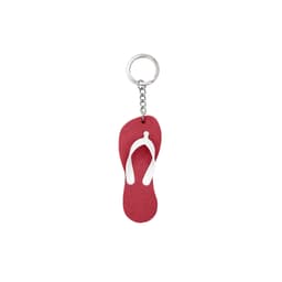 A red and white thongs-shaped keychain with a metal keyring. Features a logo on the product.