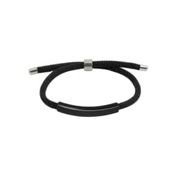 A black metal woven bracelet with a sleek, curved bar and a silver clasp. Features a logo.