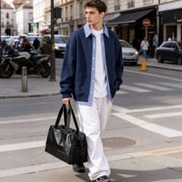 A person in a navy jacket and white pants carries a black leather carry-on duffle bag while walking on the street.