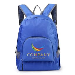 A blue backpack with a textured design, featuring a front pocket and padded shoulder straps. It has a logo on the front.