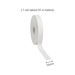 A roll of white satin polyester ribbon, measuring 16mm in width and approximately 91.4 metres long, with a visible brand logo.