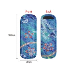 A colourful Icy Pole Holder in blue, featuring floral designs and a logo, with dimensions shown.