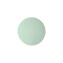 A round mirror with a pale green surface, featuring a smooth edge and a reflective back. It has branding on the back.