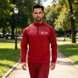 A red polyester spandex jacket with a stand-up collar and 1/4 zip, featuring raglan sleeves and a logo.