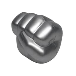 A silver clenched fist shape stress reliever with a smooth finish and rounded edges.