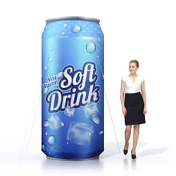 An inflatable can in blue featuring ice and a logo, alongside a woman in a black skirt and white blouse.