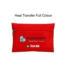 A red pouch with a zipper featuring a logo and text related to first aid.