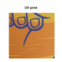 A close-up of an orange fabric featuring a UV print design in blue with abstract shapes.
