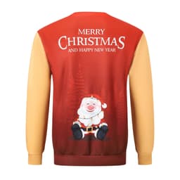 A unisex polyester and spandex sweatshirt featuring a festive red and yellow design with a Santa Claus graphic.