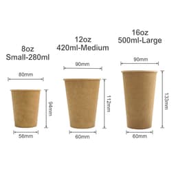 Three brown kraft paper cups in various sizes: 8oz, 12oz, and 16oz. Each cup has a plain design and no visible logos.