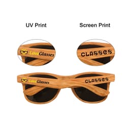 Wooden sunglasses featuring a natural wood finish and black lenses, with branding on the sides.