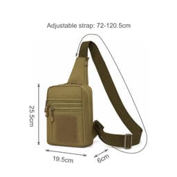 A tactical sling bag in olive green with an adjustable strap and multiple zippered pockets. It features a logo.