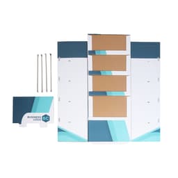A self-assembly premium cardboard floor display in blue and white, featuring four shelves and a logo plate.