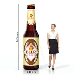 An inflatable beer bottle, featuring brown and gold colours, with a logo and dimensions of 2400mm height.