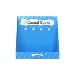 A blue corrugated cardboard display with hooks for casual socks, featuring a logo at the top.