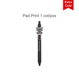 A black custom acrylic pen with a logo on the clip and a sleek design.