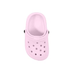 A pink clog shoe-shaped charm with ventilation holes and decorative buttons. It features a simple design and has a smooth finish.