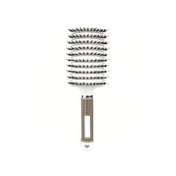 A detangler bristle hairbrush with a white head and a textured tan handle, featuring a branding logo.