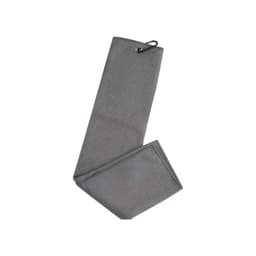A grey waffle golf towel with a hanging loop. The towel features a textured pattern.
