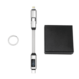A 100W 3-in-1 aluminium charging cable with a digital display, alongside a black presentation box and keyring.
