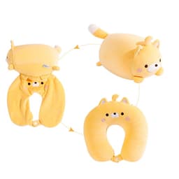 A plush, cat-shaped travel pillow in yellow, designed as a two-in-one product, featuring a cute face and tail.