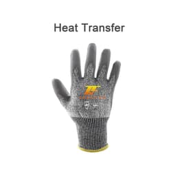 A pair of grey cut-resistant PU gloves with a yellow cuff and branding on the palm area.