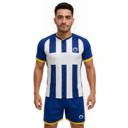 A fitted blue and white striped t-shirt with yellow accents, paired with matching blue shorts. Features a logo.