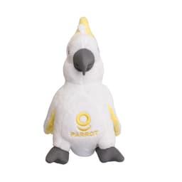 A white and yellow plush cockatoo toy with a grey beak and feet, featuring a logo on its chest.