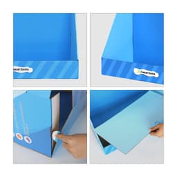 A blue corrugated cardboard display with sections for products, featuring a logo and hand interacting with the box.