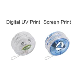 A clear and blue light-up yoyo with a logo, featuring a transparent design and glowing elements.